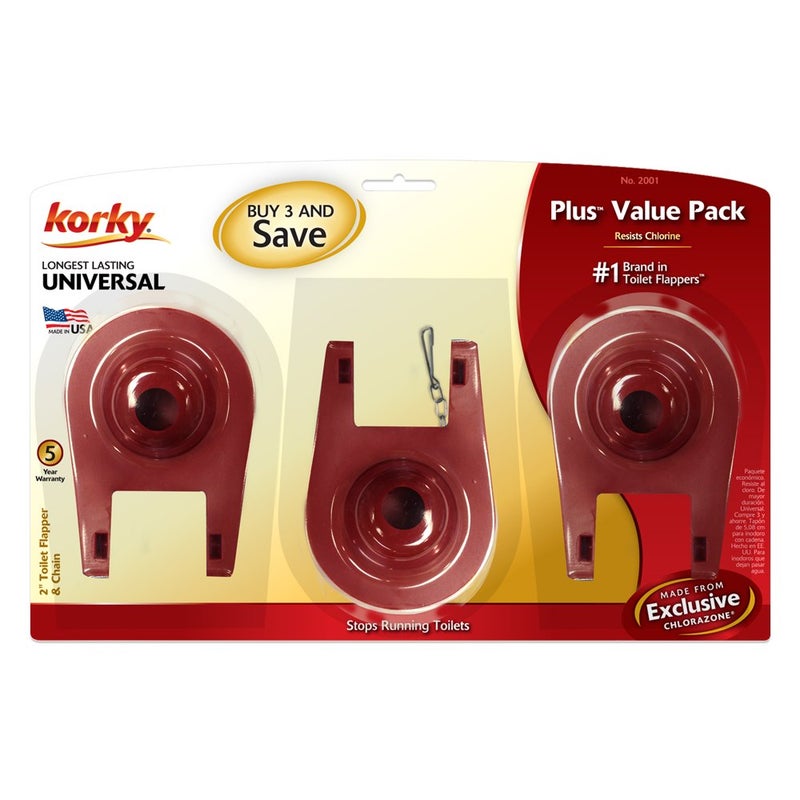 Korky Korky-2001TP 2001TP Universal Toilet Tank Flapper (3 Pack) -Easy to Install-Long Lasting All Rubber Seal-Made in USA, Red, 3 Count - Image 2